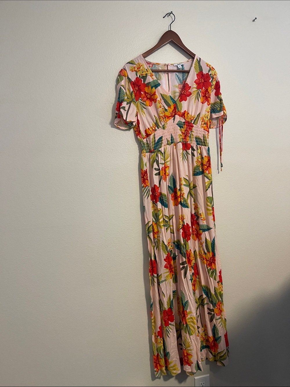 Bar III Pink Tropical Floral Maxi Dress with Smocked Waist